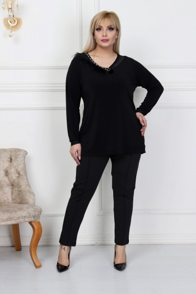 Kadın Büyük Beden Çimalı Dar Paça Dalgıç Pantolon Siyah