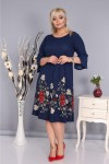 Büyük Beden Yarım Kollu Likralı Krep Kumaş Çiçekli Elbise Mavi
